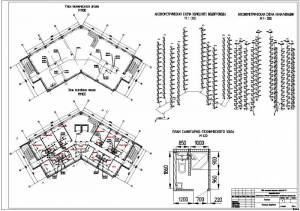 Проект гостиницы. План технического и типового этажа. Аксонометрическая схема водопровода и канализации. <br /> План санитарно-технического узла