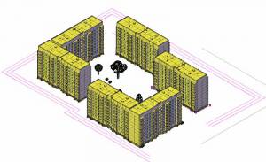 Девяти этажный 2-секционный жилой дом. 3-d модель застройки